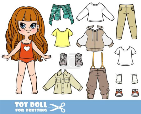 Illustration for Cartoon girl with long wavy hair and clothes separately - trousers with suspenders, long sleeve,  denim jacket, shirt,  jeans and sneakers - Royalty Free Image