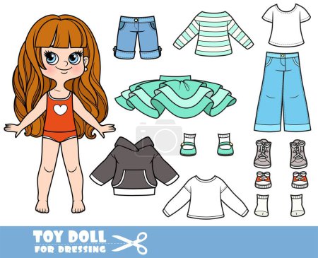 Illustration for Cartoon girl with long wavy hair and clothes separately -  hoodie, tutu skirt, shorts, long sleeve, shirt, jeans and sneakers - Royalty Free Image