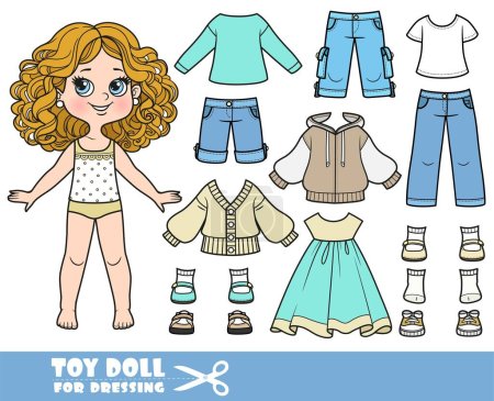 Illustration for Cartoon girl with curle haired and clothes separately - cardigan, dress, shorts, shirt, jeans and sandals doll for dressing - Royalty Free Image