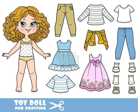 Illustration for Cartoon girl with curle haired and clothes separately -  shirts, casual dress, jeans and sandals doll for dressing - Royalty Free Image
