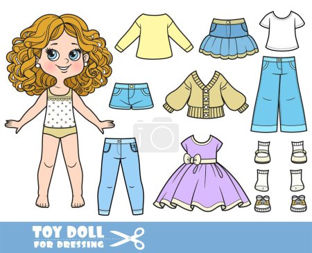 Cartoon girl with curle haired and clothes separately -  skirt, shirts, casual dress, jeans and sandals doll for dressing