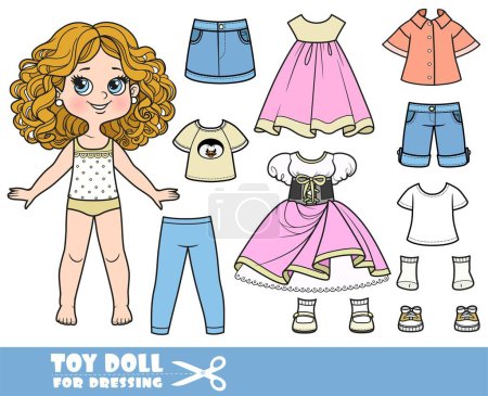 Illustration for Cartoon girl with curle haired and clothes separately - Dirndl, casual dress, leggings. shorts, shirts and sandals doll for dressing - Royalty Free Image