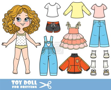 Illustration for Cartoon girl with curle haired and clothes separately -  sundress, shirts, denim overalls, jacket, jeans and sandals doll for dressing - Royalty Free Image
