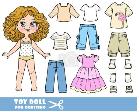 Illustration for Cartoon girl with curle haired and clothes separately - casual dress, shorts, shirts and sandals doll for dressing - Royalty Free Image