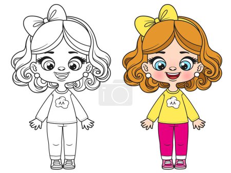 Foto de Lindo color de niña de pelo rizado de dibujos animados y delineado para colorear página sobre fondo blanco - Imagen libre de derechos
