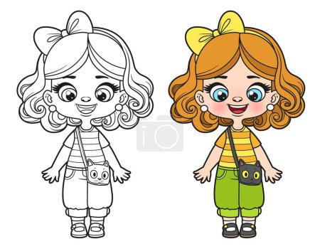 Ilustración de Linda chica de dibujos animados con una bolsa de gato delineado y la variación de color para colorear página - Imagen libre de derechos