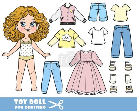 Illustration for Cartoon girl with curle haired and clothes separately - elegant dress, sport jacket, shorts, shirts, jeans and sandals doll for dressing - Royalty Free Image