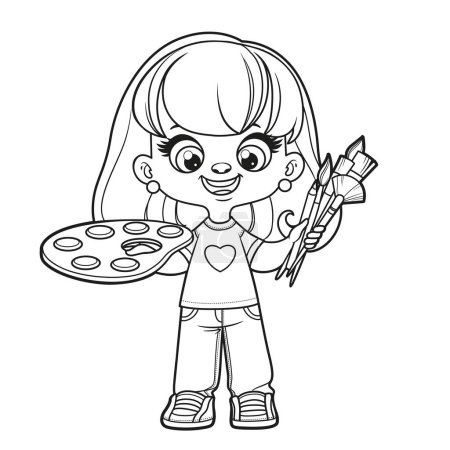 Illustration for Cute cartoon girl holding the palette with paints and brushes in hands outlined for coloring page - Royalty Free Image