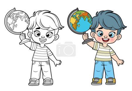 Mignon garçon dessin animé tenant la couleur du globe et esquissé pour la coloration