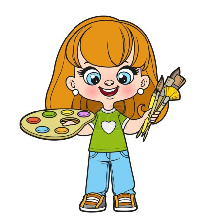 Illustration for Cute cartoon girl holding the palette with paints and brushes in hands color variation for coloring page - Royalty Free Image