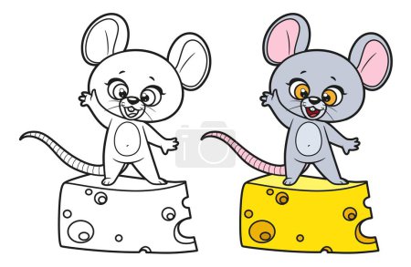 Ilustración de Lindo ratón de dibujos animados saluda de pie sobre un gran pedazo de queso perfilado para colorear página sobre fondo blanco - Imagen libre de derechos