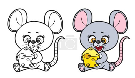 Ilustración de Lindo ratón de dibujos animados sentarse y sostener el pedazo de queso en las patas variación de color y delineado para colorear página sobre fondo blanco - Imagen libre de derechos