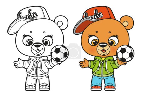 Ilustración de Bonito oso de dibujos animados con el color de la pelota de fútbol y delineado para colorear página sobre un fondo blanco - Imagen libre de derechos