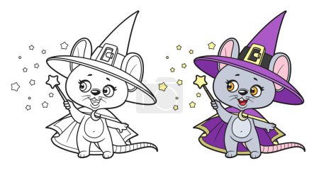 Ilustración de Lindo asistente de ratón de dibujos animados con color varita mágica y delineado para colorear página - Imagen libre de derechos