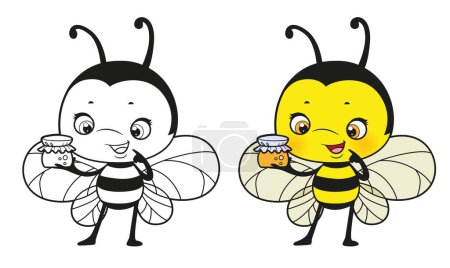 Téléchargez les illustrations : Cartoon abeille mignonne examiner un petit pot de variation de couleur de miel et décrit pour la coloration page sur fond blanc - en licence libre de droit