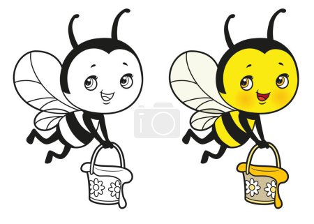 Téléchargez les illustrations : Caricature mouches d'abeilles mignonnes avec un seau de miel dans les mains décrites et la variation de couleur pour la coloration sur fond blanc - en licence libre de droit