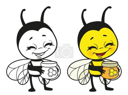 Téléchargez les illustrations : Cartoon abeille mignonne tenir un petit pot de miel esquissé et la variation de couleur pour la coloration de la page sur fond blanc - en licence libre de droit