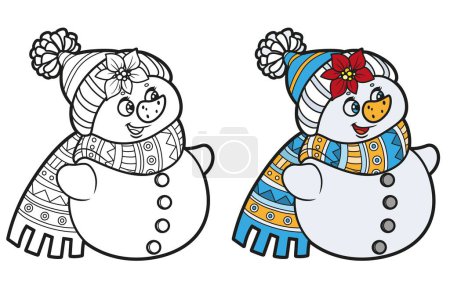 Téléchargez les illustrations : Mignon dessin animé bonhomme de neige de Noël dans un chapeau chaud et la couleur de l'écharpe et décrit pour la page à colorier - en licence libre de droit