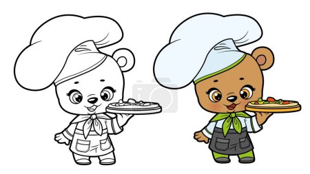 Téléchargez les illustrations : Bébé ours dessin animé mignon habillé comme un chef et avec la couleur de la pizza et esquissé pour la coloration sur fond blanc - en licence libre de droit