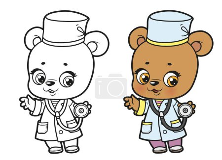 Téléchargez les illustrations : Bébé ours dessin animé mignon habillé comme un médecin avec une couleur de phonendoscope et esquissé pour la coloration sur fond blanc - en licence libre de droit
