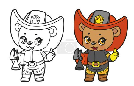 Illustration for Cute cartoon baby bear dressed as a firefighter with a fire extinguisher in its paws color and outlined for coloring page on white background - Royalty Free Image