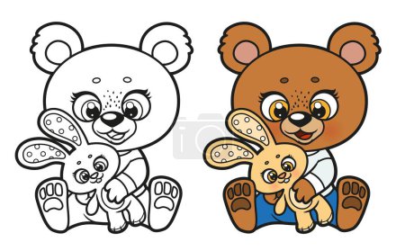 Téléchargez les illustrations : Mignon ours en peluche dessin animé en pyjama tenant jouet variation de couleur de lapin et contour pour la coloration - en licence libre de droit