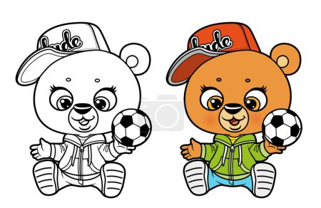 Ilustración de Bonito oso de dibujos animados con pelota de fútbol sentarse en el color del piso y delineado para colorear página sobre un fondo blanco - Imagen libre de derechos