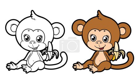 Illustration for Cute cartoon smiling monkey with banana color and outlined for coloring on a white background - Royalty Free Image
