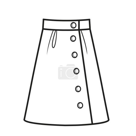 Ilustración de Falda casual de una línea con un gran número de botones, sujeta en el contorno lateral para colorear sobre fondo blanco - Imagen libre de derechos