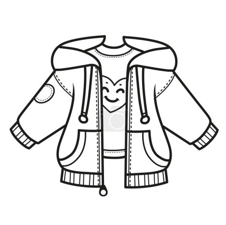 Illustration for Unbuttoned sports sweatshirt revealing a T-shirt outline for coloring on white background - Royalty Free Image