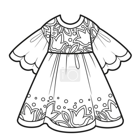 Hermoso vestido casual con adorno floral contorno para colorear sobre un fondo blanco