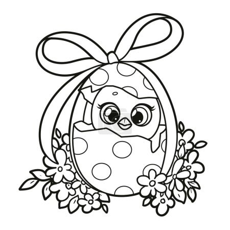 Téléchargez les illustrations : Œuf peint de Pâques qui éclot en une jolie poulette esquissée pour colorier isolée sur fond blanc - en licence libre de droit