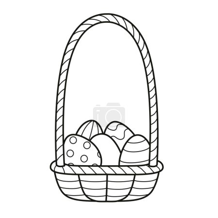 Téléchargez les photos : Panier avec une grande poignée pleine d'œufs de Pâques peints contour pour la coloration sur un fond blanc - en image libre de droit