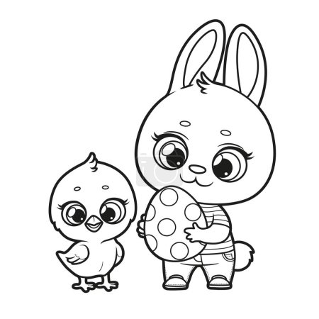 Téléchargez les illustrations : Mignon lapin et poulet avec un oeuf de Pâques dans leurs pattes tracées pour la coloration sur un fond blanc - en licence libre de droit