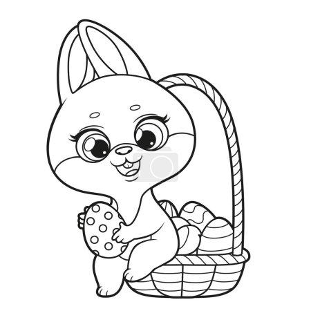 Téléchargez les illustrations : Lapin mignon avec grand panier avec des œufs décorés de Pâques dessinés pour la coloration sur un fond blanc - en licence libre de droit