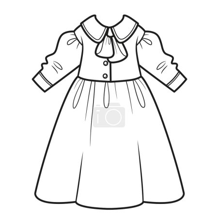 Long casual dress with big collar outline for coloring on a white background