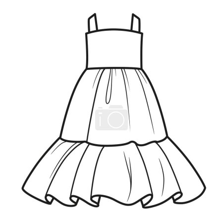 Casual summer long sundress with straps outline for coloring on a white background. Image produced without the use of any form of AI software at any stage.