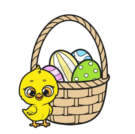 Illustration for Cute cartoon chicken with basket with Easter eggs color variation on a white background. Image produced without the use of any form of AI software at any stage - Royalty Free Image