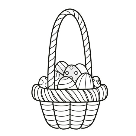 Basket with a large handle with painted Easter eggs outlined for coloring on a white background. Image produced without the use of any form of AI software at any stage