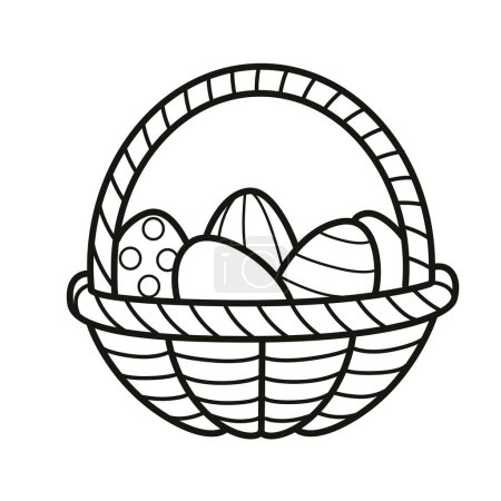 Téléchargez les illustrations : Petit panier plein d'œufs de Pâques peints contour pour la coloration sur un backgrou blanc - en licence libre de droit