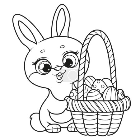 Foto de Lindo conejito de dibujos animados con cesta de huevos decorados de Pascua delineados para colorear sobre un fondo blanco. Imagen producida sin el uso de ningún tipo de software de IA en cualquier etapa - Imagen libre de derechos