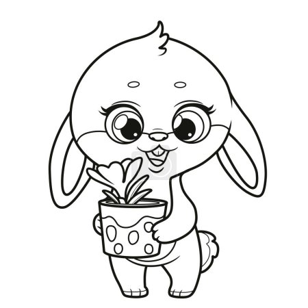 Téléchargez les illustrations : Mignon lapin tient dans les pattes un pot avec fleur de crocus de printemps décrit pour la coloration - en licence libre de droit