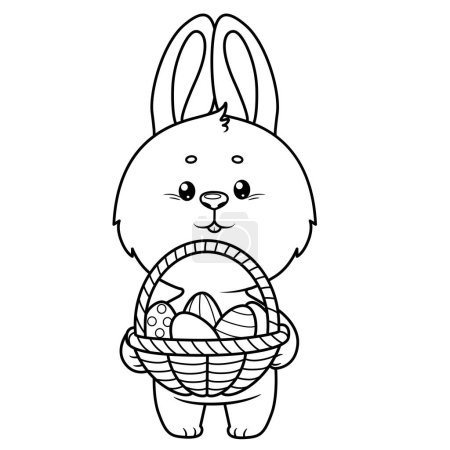 Téléchargez les illustrations : Lapin mignon avec panier avec des œufs décorés de Pâques dessinés pour la coloration sur un fond blanc. Image produite sans l'utilisation d'aucune forme de logiciel d'IA à n'importe quel stade - en licence libre de droit