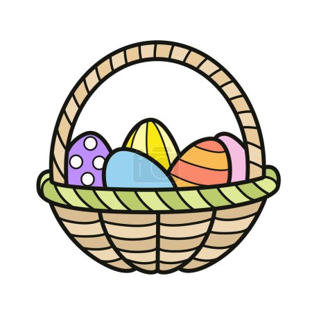 Ilustración de Pequeña cesta llena de huevos de Pascua pintados variación de color sobre un fondo blanco - Imagen libre de derechos