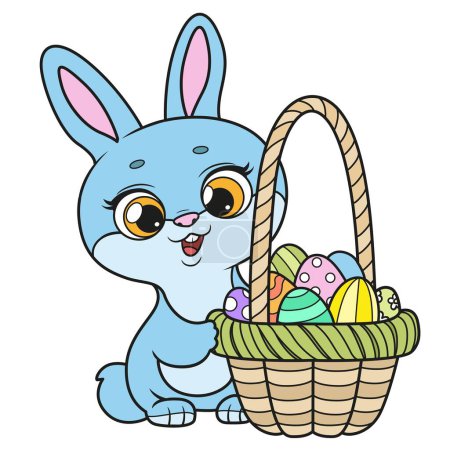 Ilustración de Lindo conejito de dibujos animados con canasta de huevos decorados con Pascua variación de color sobre un fondo blanco. Imagen producida sin el uso de ningún tipo de software de IA en cualquier etapa - Imagen libre de derechos