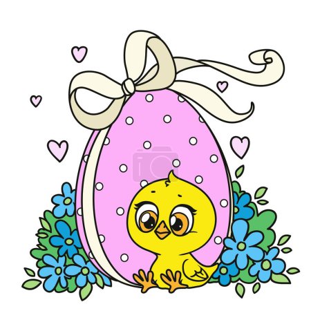 Cute cartoon chicken with Easter egg surrounded flowers color variation on a white background. Image produced without the use of any form of AI software at any stage