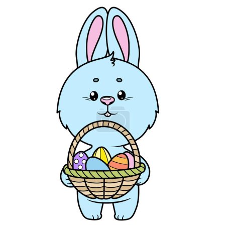 Foto de Lindo conejito con cesta con huevos decorados de Pascua delineados para colorear sobre un fondo blanco. Imagen producida sin el uso de ningún tipo de software de IA en cualquier etapa - Imagen libre de derechos