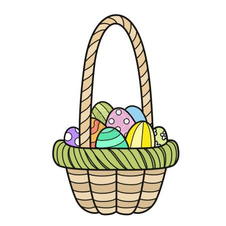 Basket with a large handle with painted Easter eggs color variation. Image produced without the use of any form of AI software at any stage
