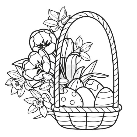 Ilustración de Cesta llena de huevos de Pascua pintados con flores de tulipán y narciso perfiladas para colorear sobre un fondo blanco - Imagen libre de derechos
