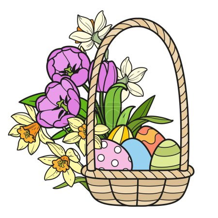 Téléchargez les photos : Panier plein d'œufs de Pâques peints avec des fleurs de tulipes et narcisses variation de couleur sur un fond blanc - en image libre de droit